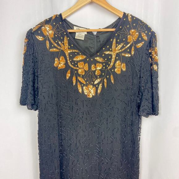 Vintage Beaded Cocktail Dress Size 2X Black Gold‎ Sequins B2 & US by Marx & John - Picture 3 of 15
